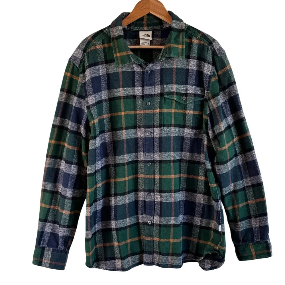 The North Face Flannel Shirt Green Plaid Mens XL Long Sleeve Cotton Button Down